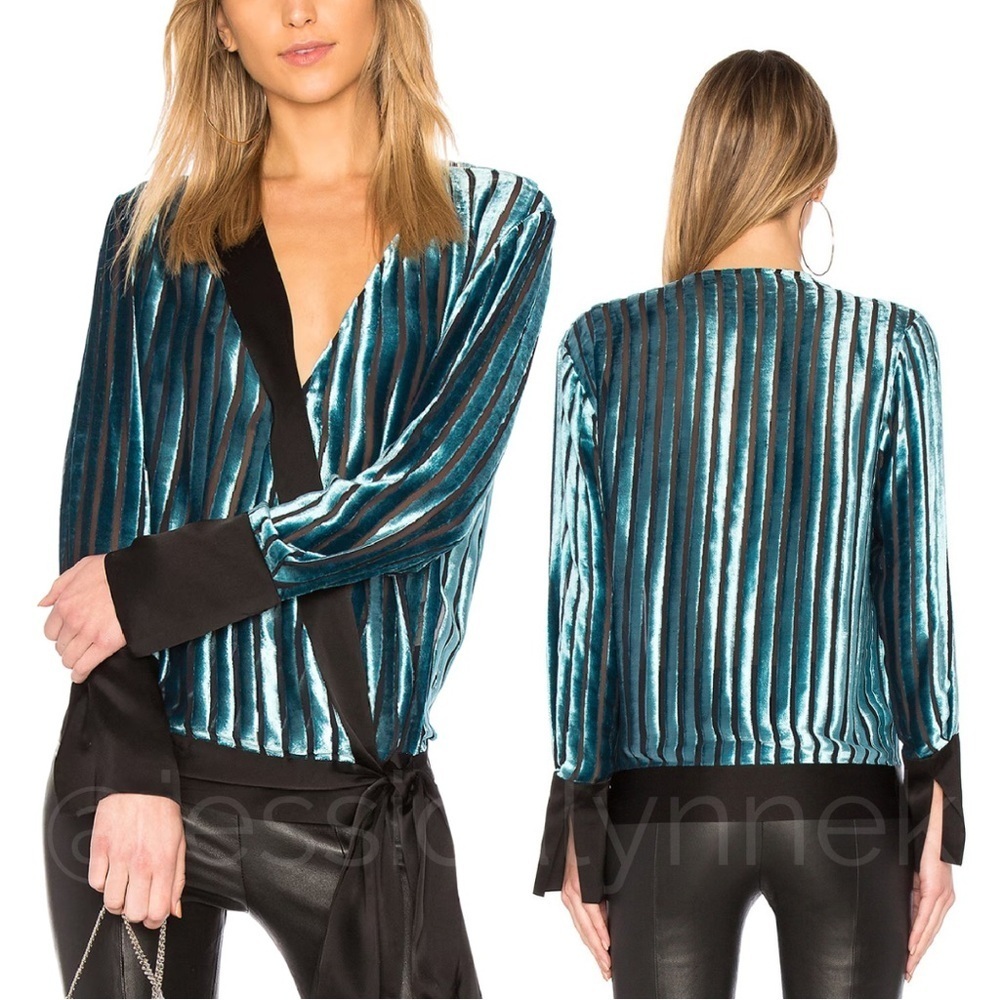X REVOLVE Long Sleeve V-Neck Silk Blend Velvet Stripe Wrap Blouse Top Blue XS 0